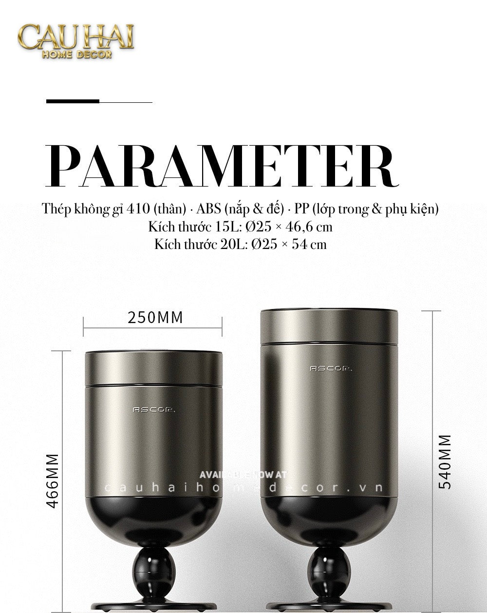 Thùng Rác Titanium Goblet Stainless Steel Modernist Trash Cans 20L 25x54-Thùng Rác-CẬU HAI HOME DECOR