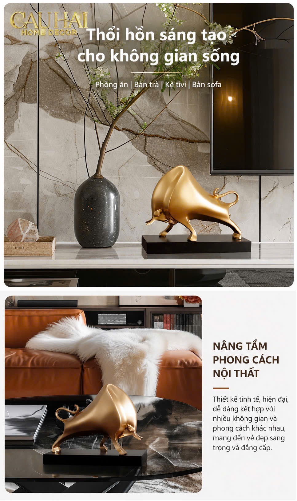 Tượng Bò Phố Wall Taureau Doré 24x10x20-TƯỢNG TRANG TRÍ-CẬU HAI HOME DECOR-CẬU HAI HOME DECOR