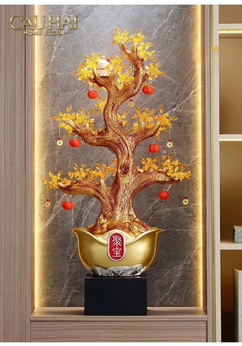Tượng Cây Hồng Đính Pha Lê Vàng - Đại Tam Nguyên - Jewelry Persimone Forturne Tree 40x93-CẬU HAI HOME DECOR
