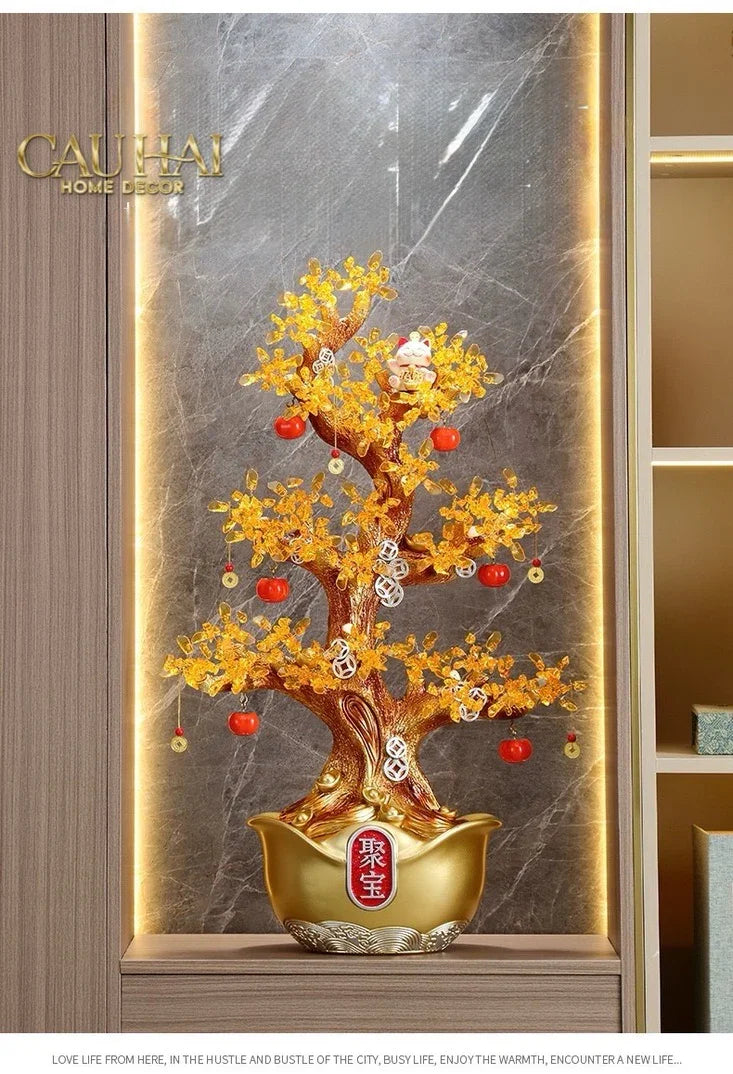 Tượng Cây Hồng Đính Pha Lê Vàng - Đại Tam Nguyên - Jewelry Persimone Forturne Tree 40x93-CẬU HAI HOME DECOR
