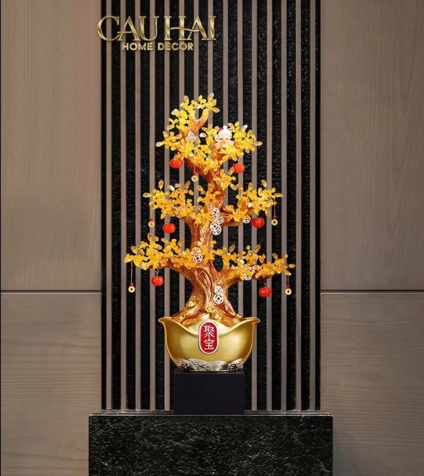 Tượng Cây Hồng Đính Pha Lê Vàng - Đại Tam Nguyên - Jewelry Persimone Forturne Tree 40x93-CẬU HAI HOME DECOR
