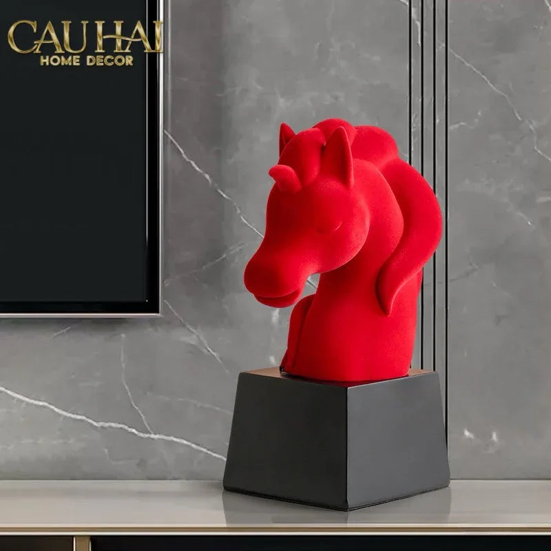 Tượng Đầu Ngựa Trang Trí Nhung Đỏ Tête De Cheval Rouge Velour Armour 29.5-TƯỢNG TRANG TRÍ-CẬU HAI HOME DECOR