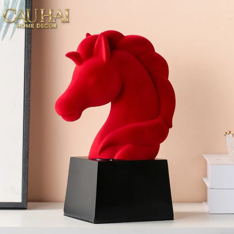 Tượng Đầu Ngựa Trang Trí Nhung Đỏ Tête De Cheval Rouge Velour Armour 29.5-TƯỢNG TRANG TRÍ-CẬU HAI HOME DECOR