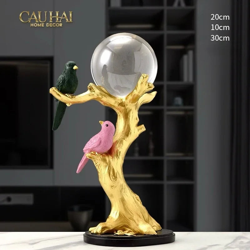 Tượng Đôi Chim Quả Cầu Pha Lê Gilded Aviary Cristalleries Orb Branch 20x10x30-TƯỢNG TRANG TRÍ-CẬU HAI HOME DECOR