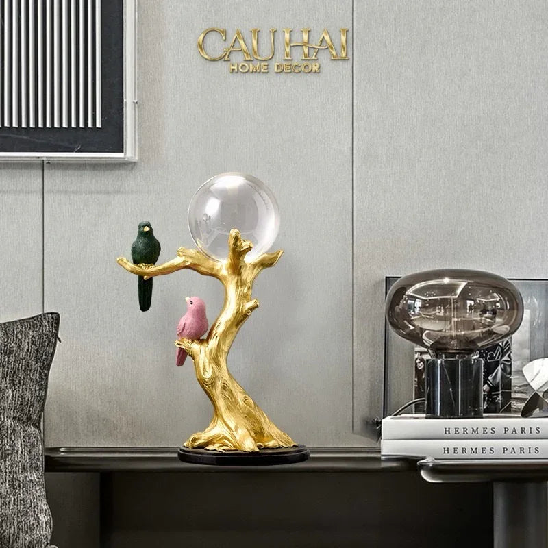 Tượng Đôi Chim Quả Cầu Pha Lê Gilded Aviary Cristalleries Orb Branch 20x10x30-TƯỢNG TRANG TRÍ-CẬU HAI HOME DECOR