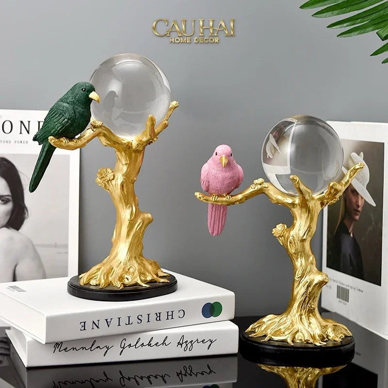 Tượng Đôi Chim Quả Cầu Pha Lê Gilded Aviary Cristalleries Orb Branch 20x10x30-TƯỢNG TRANG TRÍ-CẬU HAI HOME DECOR