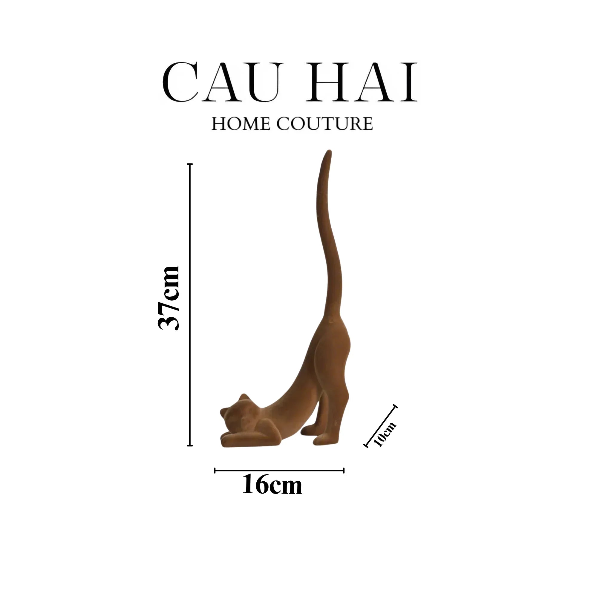 Tượng Mèo Vươn Mình Bọc Nhung Brun Velvet Stretchy Cat 16x37-TƯỢNG TRANG TRÍ-CẬU HAI HOME DECOR