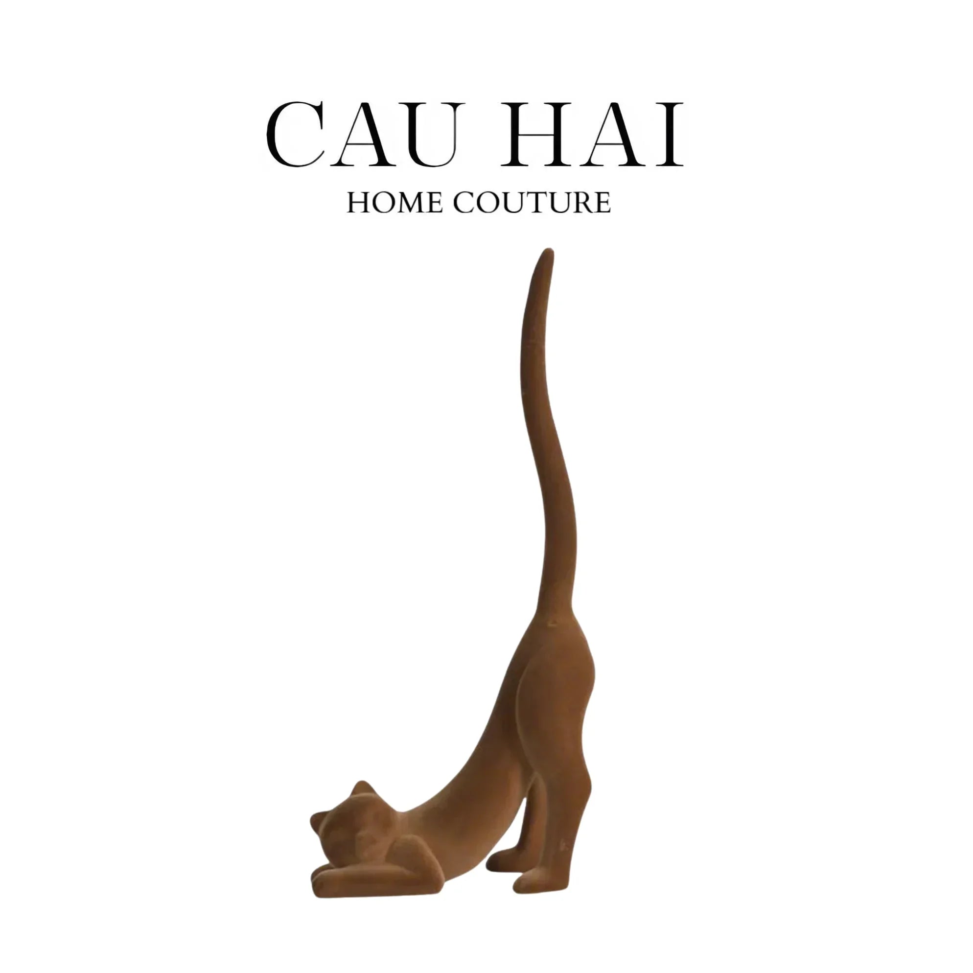 Tượng Mèo Vươn Mình Bọc Nhung Brun Velvet Stretchy Cat 16x37-TƯỢNG TRANG TRÍ-CẬU HAI HOME DECOR
