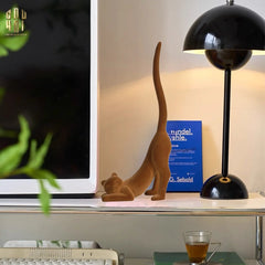 Tượng Mèo Vươn Mình Bọc Nhung Brun Velvet Stretchy Cat 16x37-CẬU HAI HOME DECOR