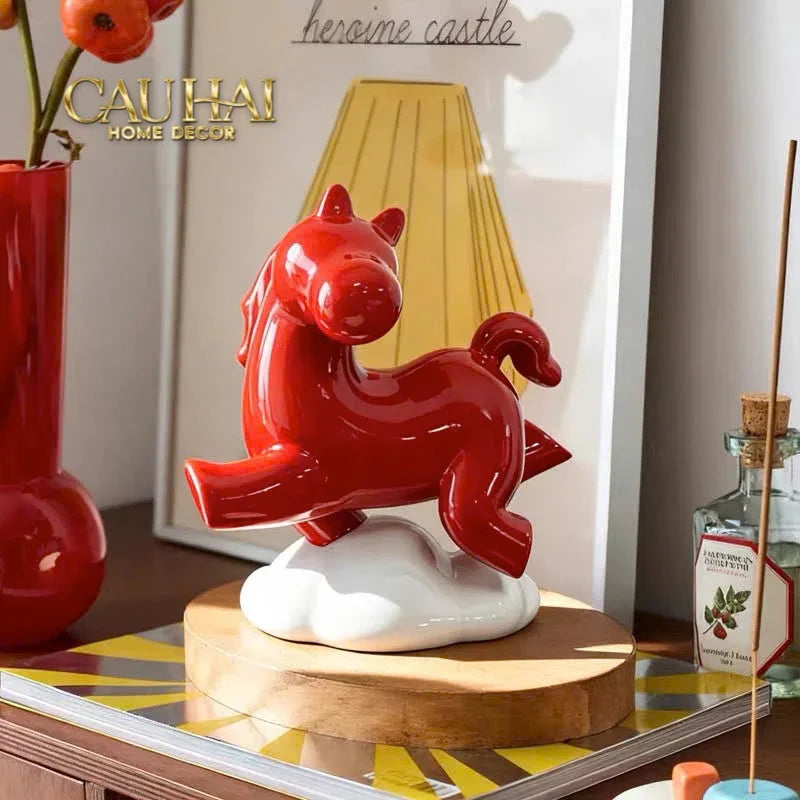 Tượng Ngựa Gốm Chu Mã An Yên Cloudborne Crimson Joyful Cheval-TƯỢNG TRANG TRÍ-CẬU HAI HOME DECOR