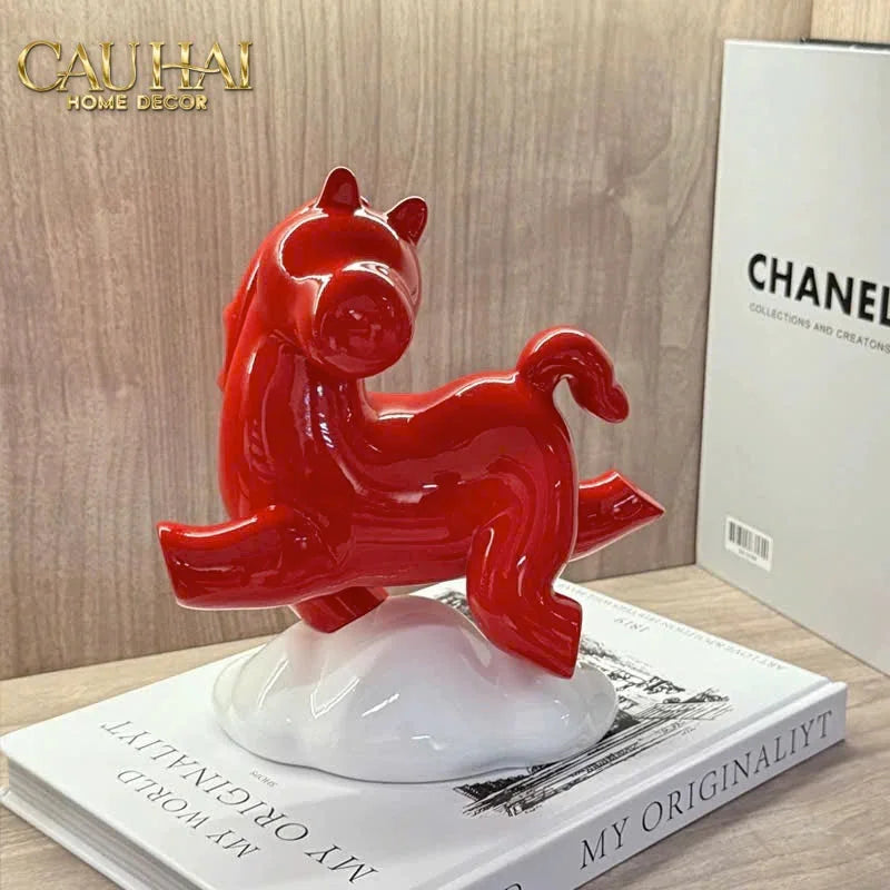 Tượng Ngựa Gốm Chu Mã An Yên Cloudborne Crimson Joyful Cheval-TƯỢNG TRANG TRÍ-CẬU HAI HOME DECOR