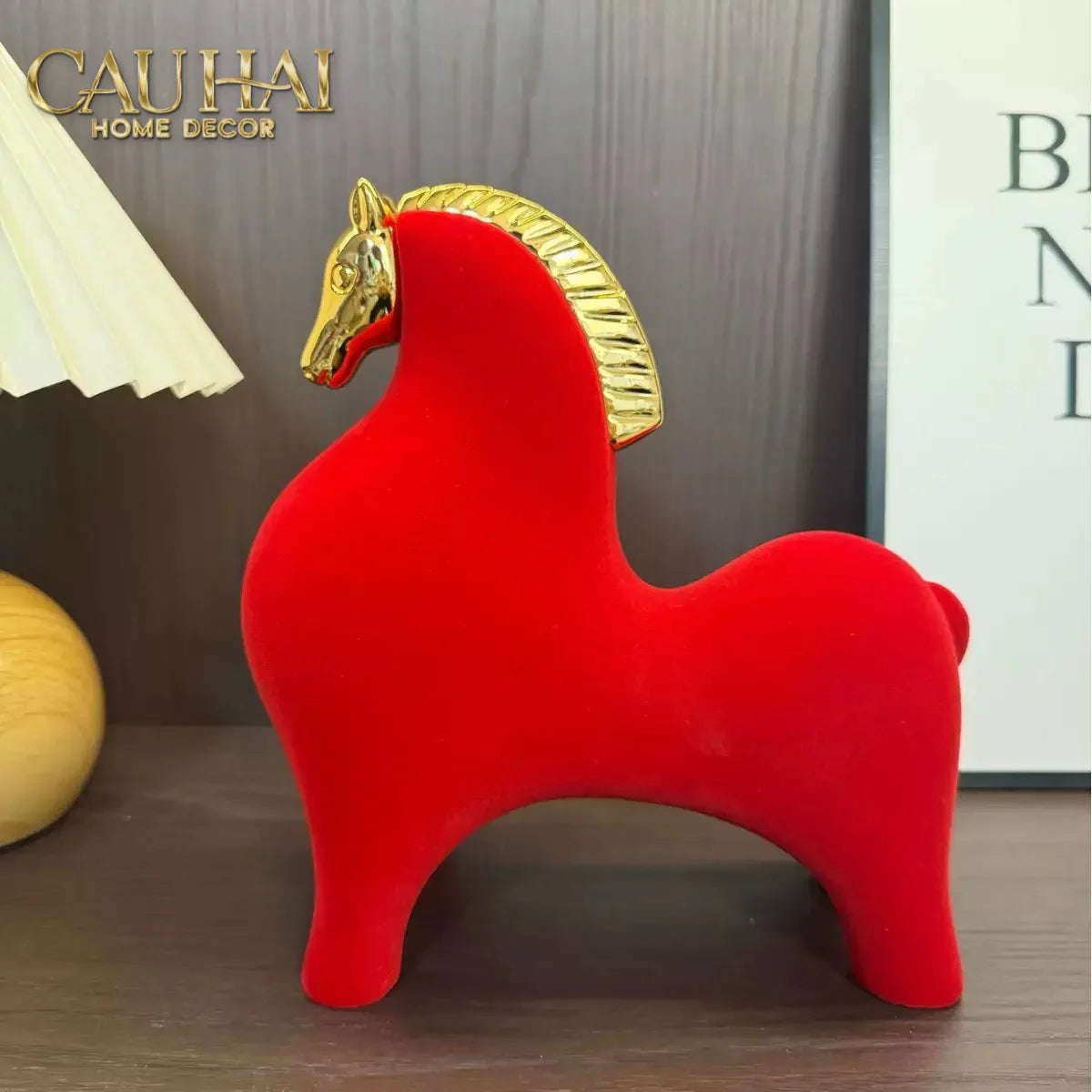 Tượng Ngựa Nhung Đỏ Hoàng Gia - Đại Hồng Mã Phú Quý 18x22-CẬU HAI HOME DECOR