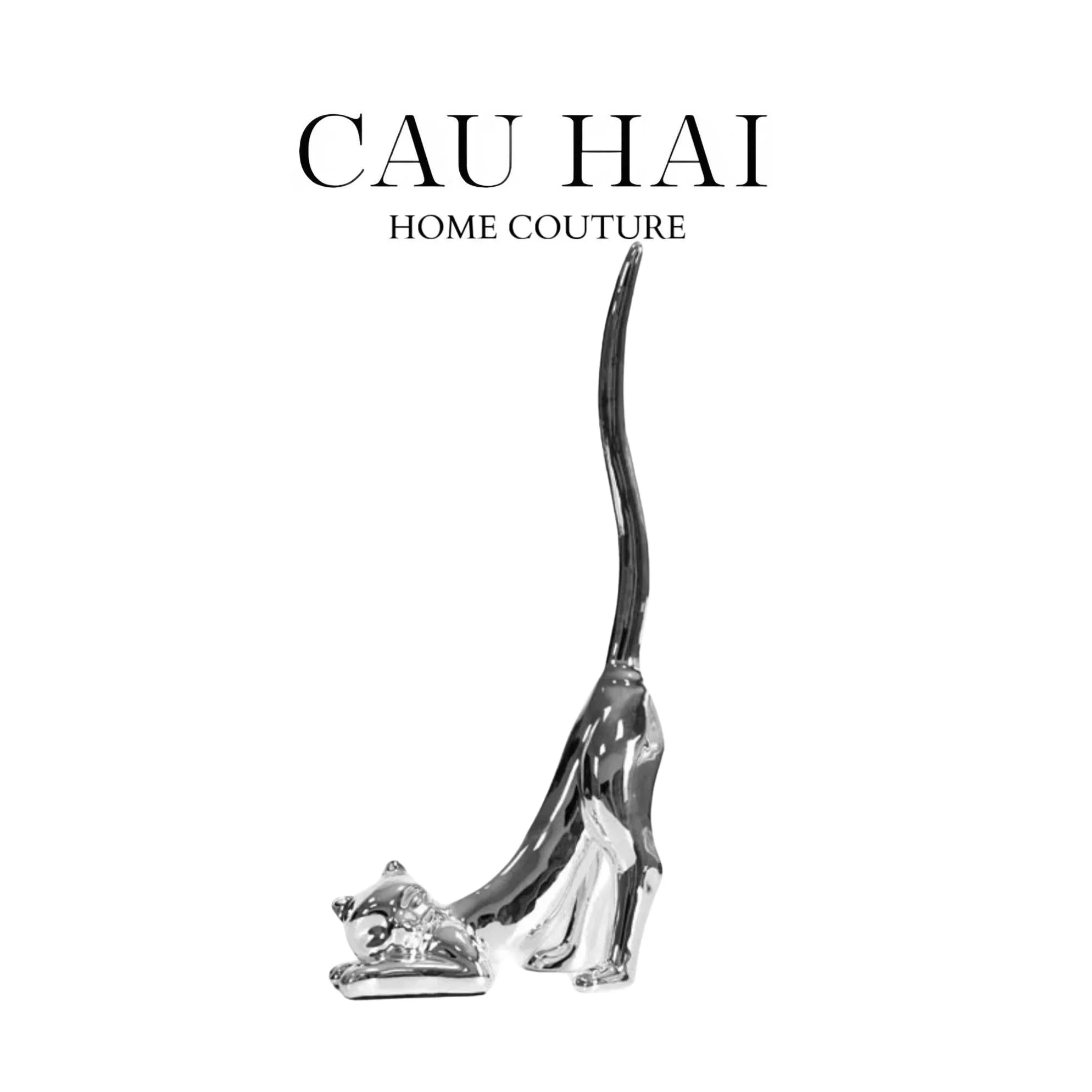 Tượng Mèo Vươn Mình Bọc Nhung Brun Velvet Stretchy Cat 16x37-TƯỢNG TRANG TRÍ-CẬU HAI HOME DECOR