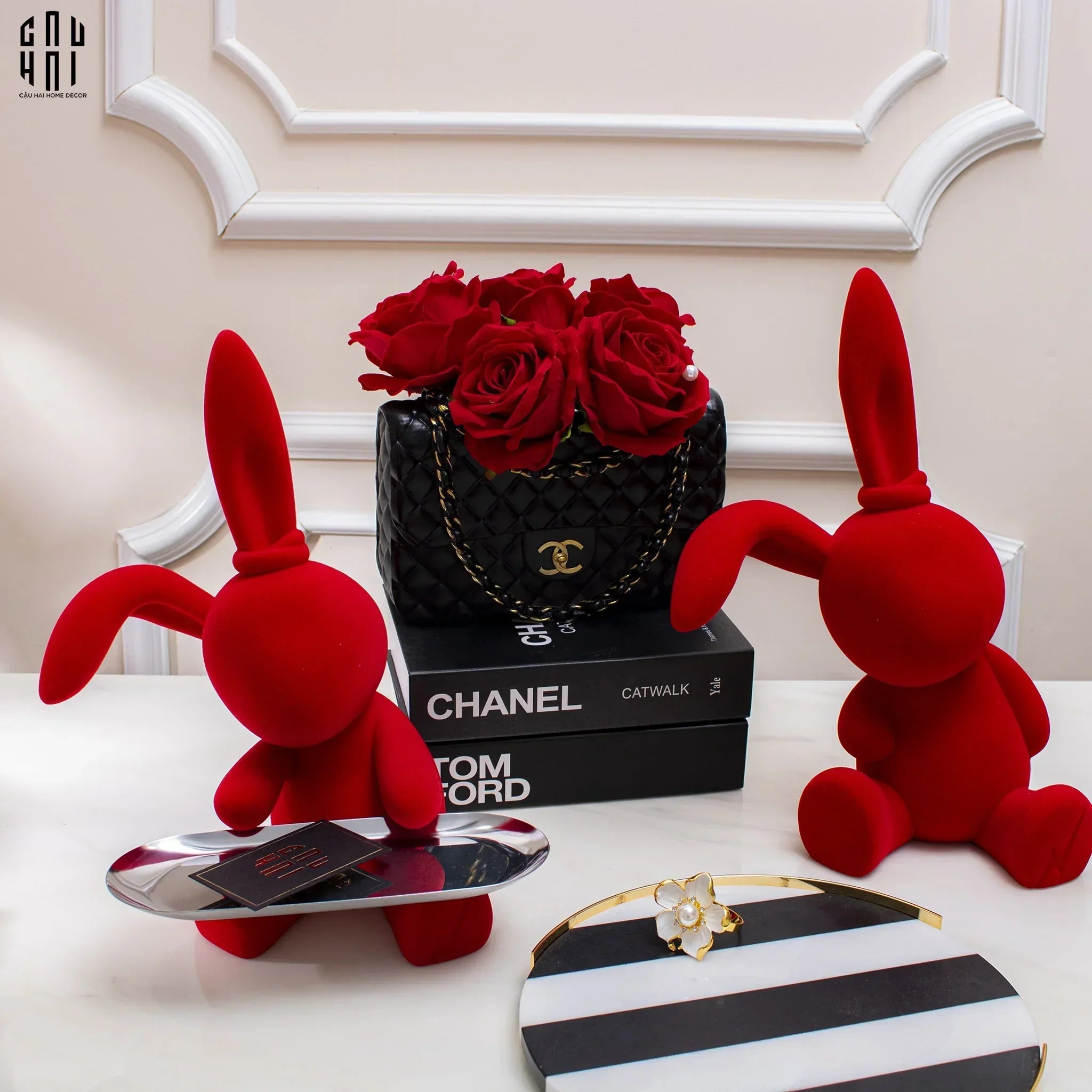 Tượng Thỏ Figurine Rouge Velour Joli Lapin H30-TƯỢNG TRANG TRÍ-CẬU HAI HOME DECOR