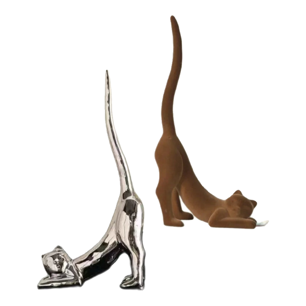 Tượng Mèo Vươn Mình Bọc Nhung Brun Velvet Stretchy Cat 16x37
