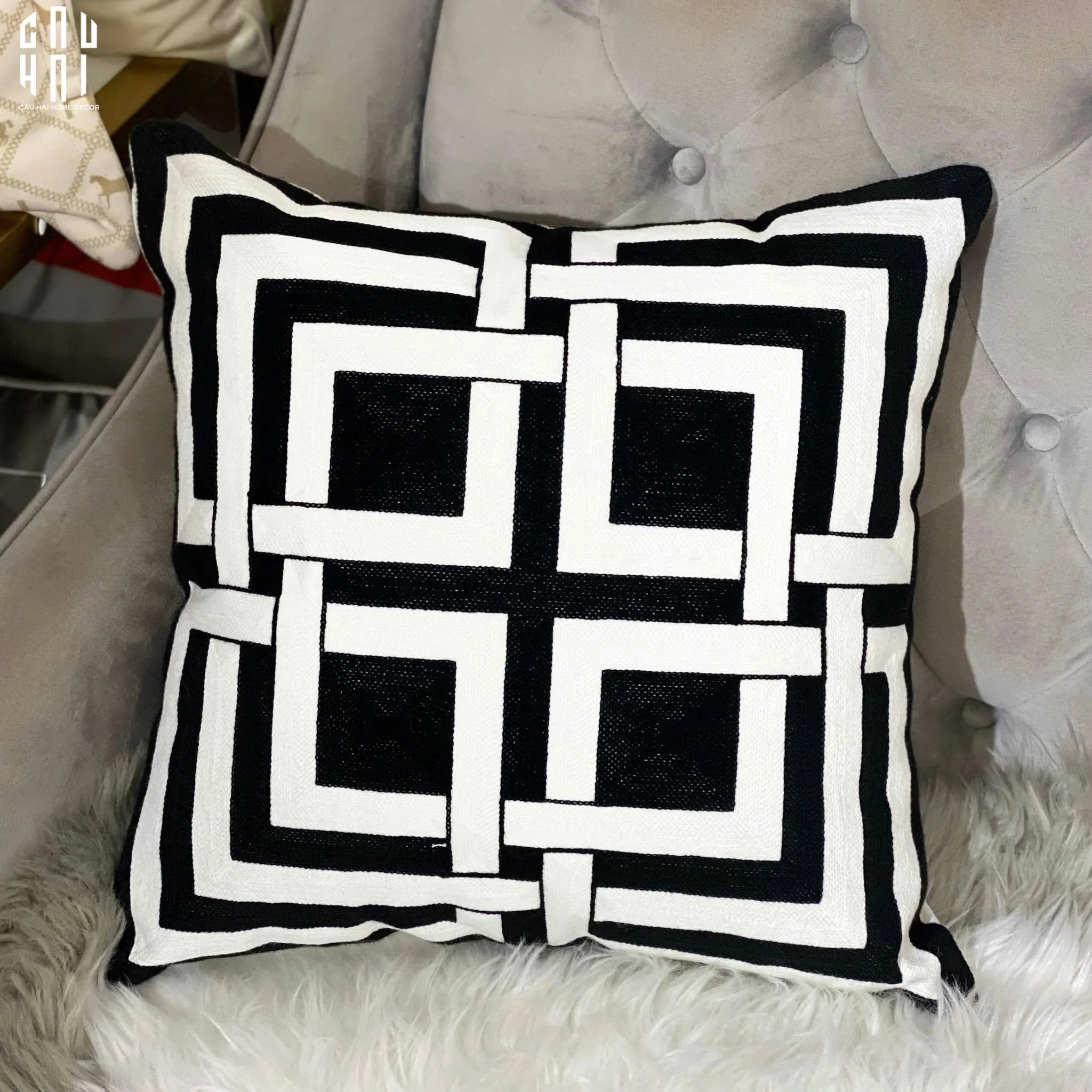 Vỏ Gối Canvas Mono Geometric Border 45-VỎ GỐI-CẬU HAI HOME DECOR