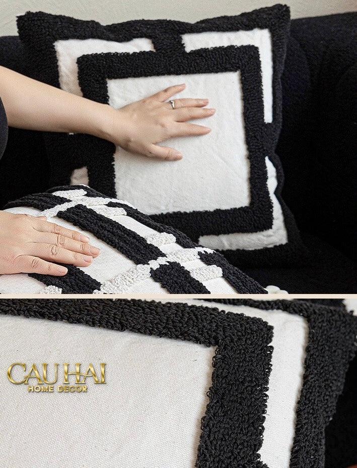 Vỏ Gối Canvas Mono Geometric Border 45-CẬU HAI HOME DECOR