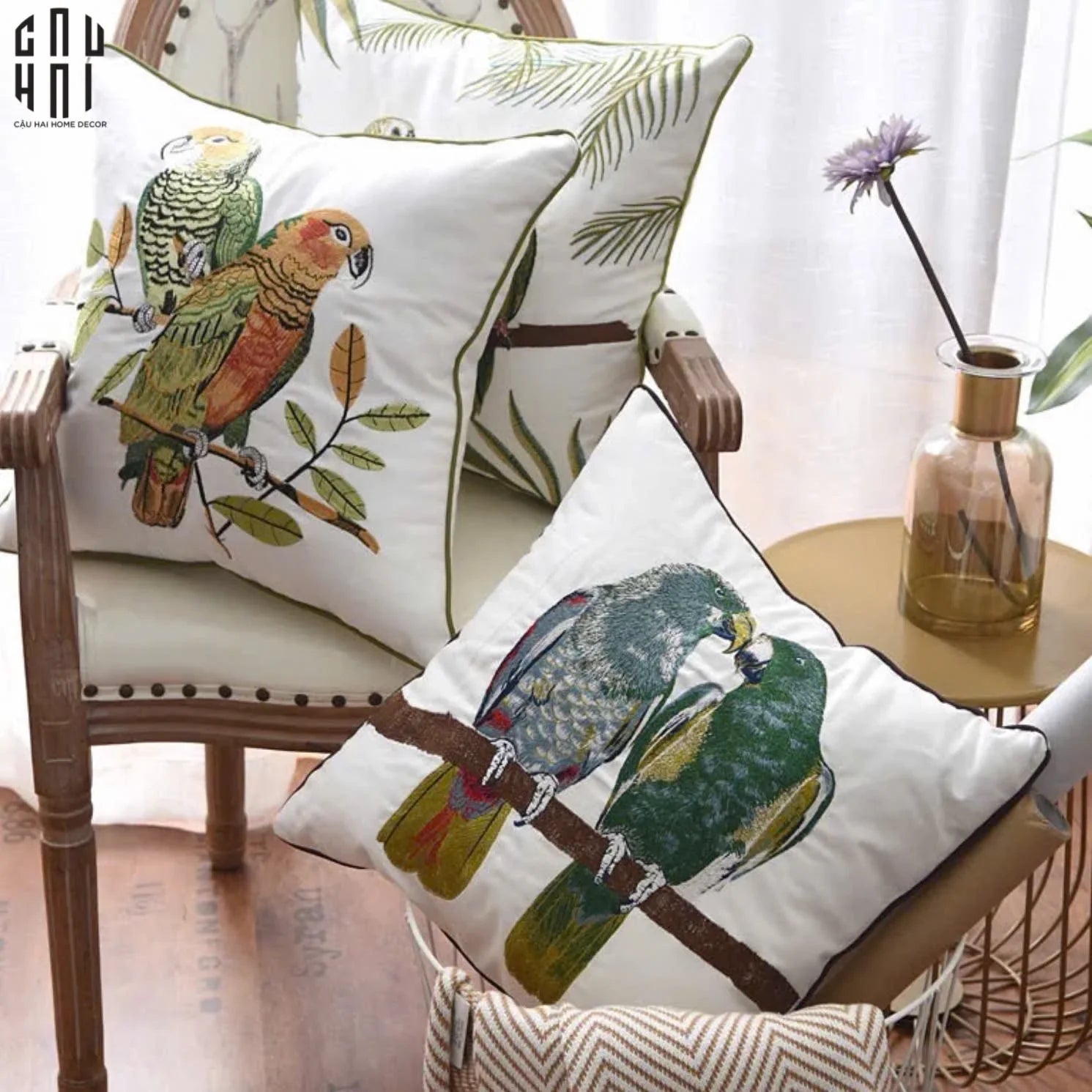 Vỏ Gối Canvas Thêu Tropical Harmony Lovebird 45-VỎ GỐI-CẬU HAI HOME DECOR