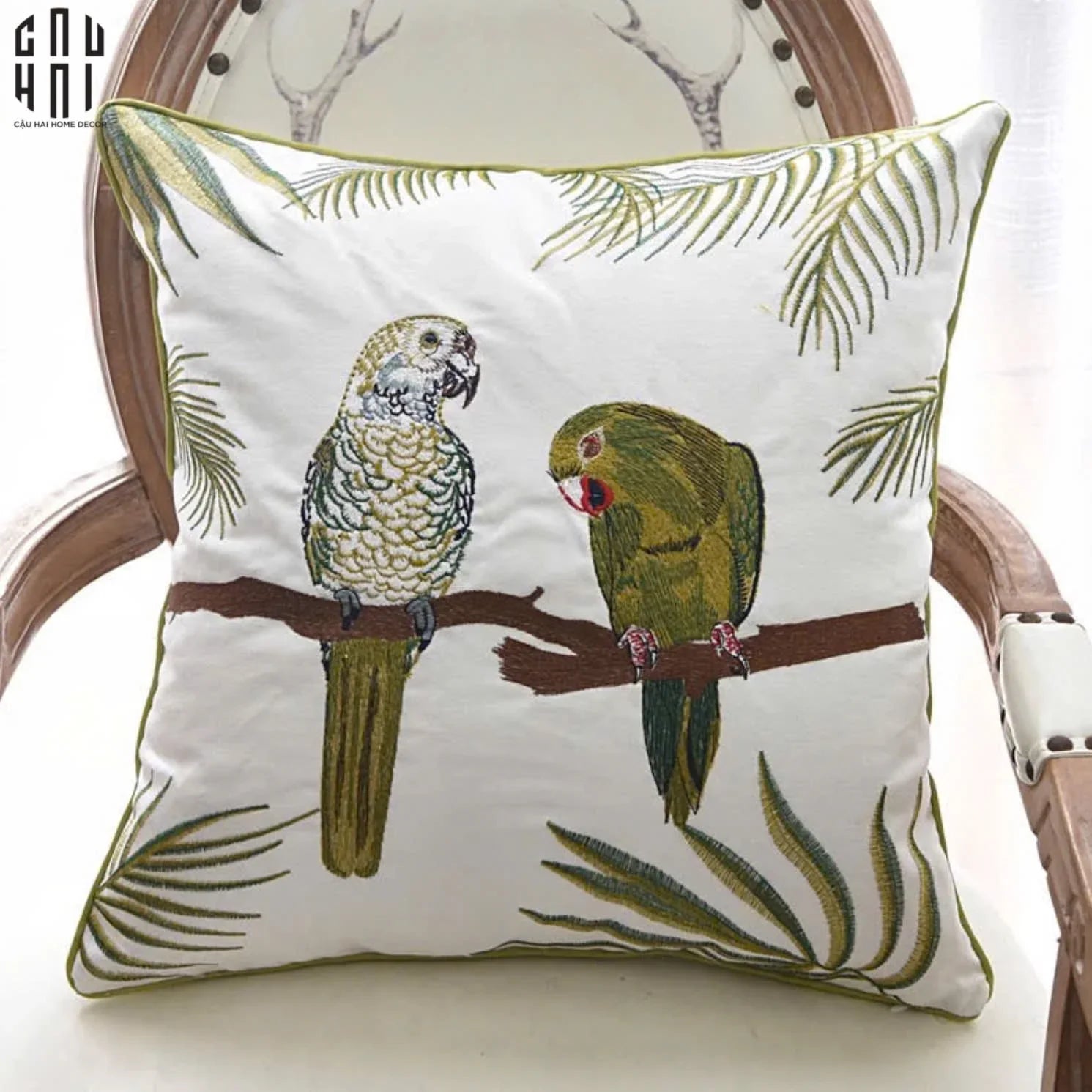 Vỏ Gối Canvas Thêu Tropical Harmony Lovebird 45-VỎ GỐI-CẬU HAI HOME DECOR