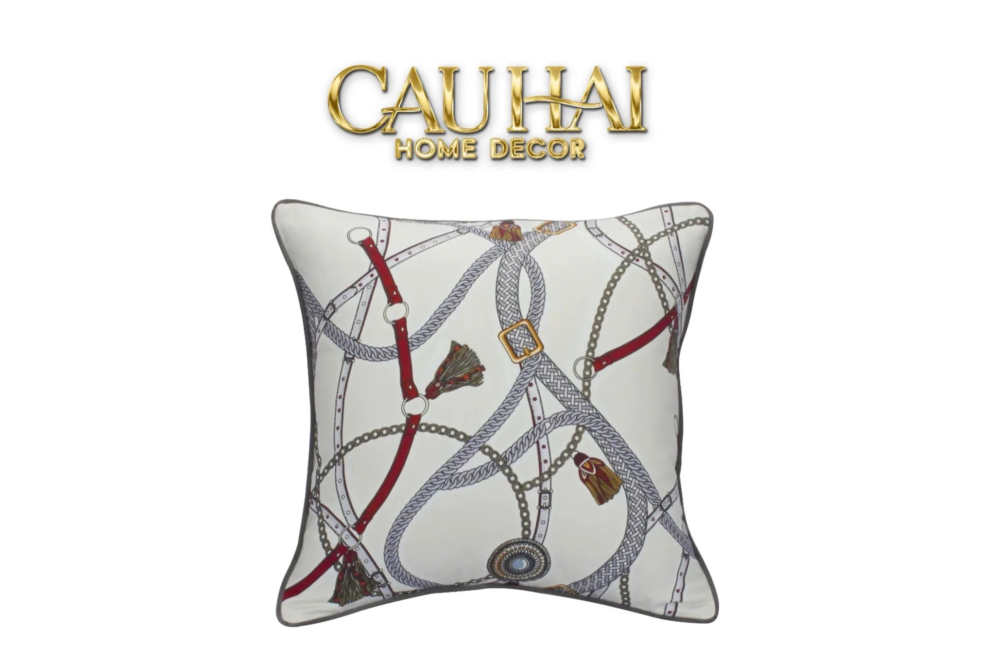 Vỏ Gối Cotton Satin Les Rênes Équestres - Blanc Rouge 45-VỎ GỐI-CẬU HAI HOME DECOR