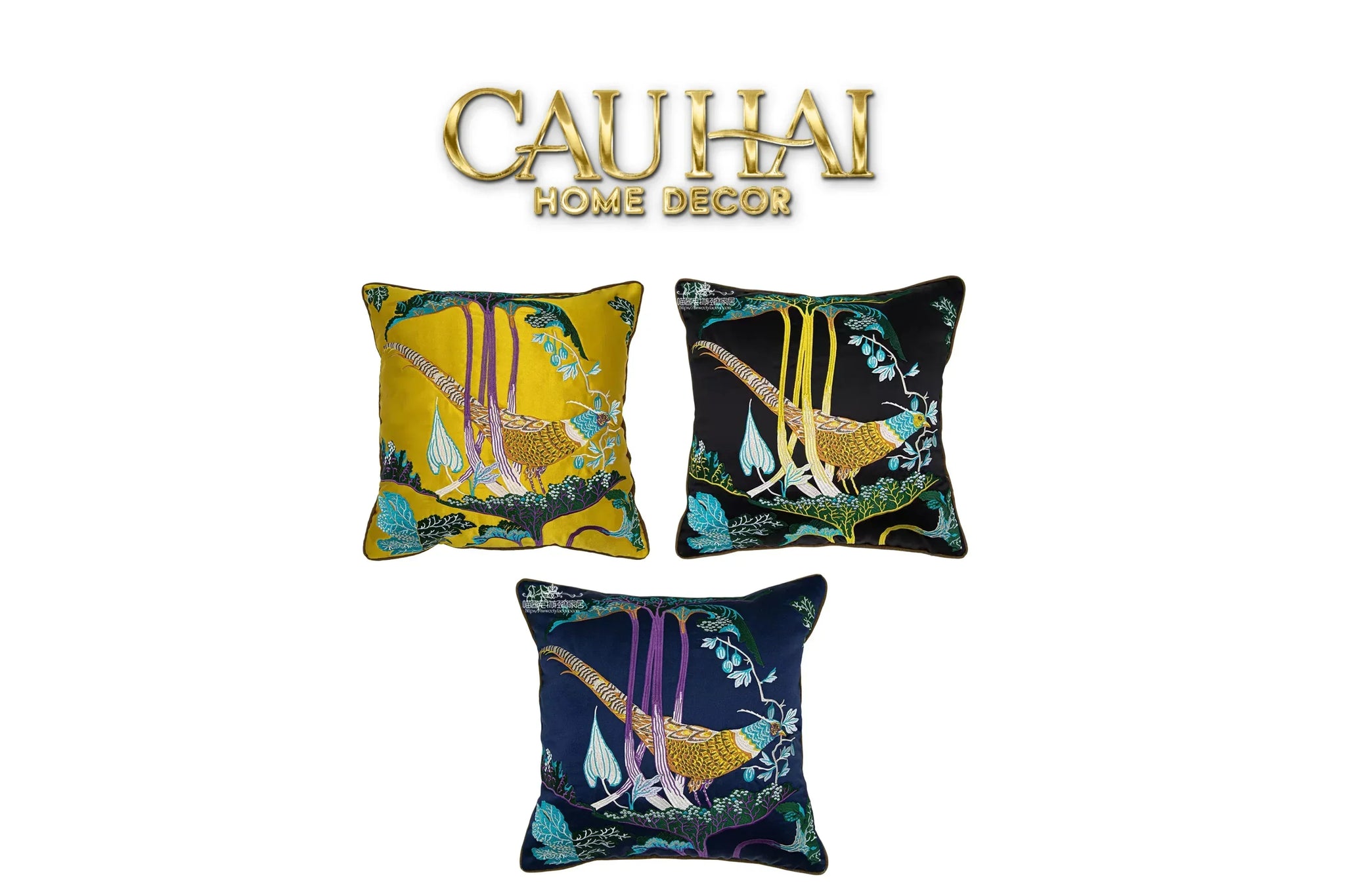 Vỏ Gối Lụa Thêu 3D Hoàng Điểu Tứ Quý - Minh Hoàng 45-CẬU HAI HOME DECOR