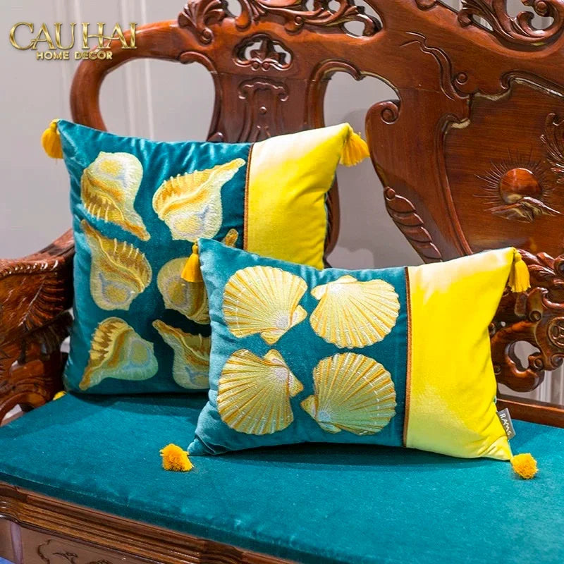 Vỏ Gối Lụa Thêu Velvet Scallop Raised Silk Embroidered Cushion 45-VỎ GỐI-CẬU HAI HOME DECOR
