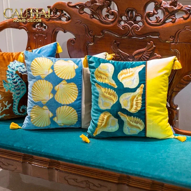 Vỏ Gối Lụa Thêu Velvet Scallop Raised Silk Embroidered Cushion 45-VỎ GỐI-CẬU HAI HOME DECOR