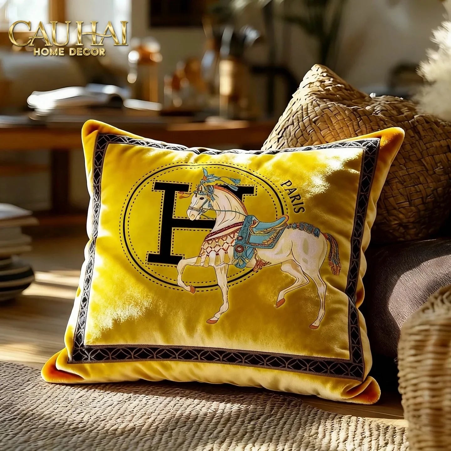 Vỏ Gối Nhung Cheval de Fetes Voyages Signature H 45-VỎ GỐI-CẬU HAI HOME DECOR