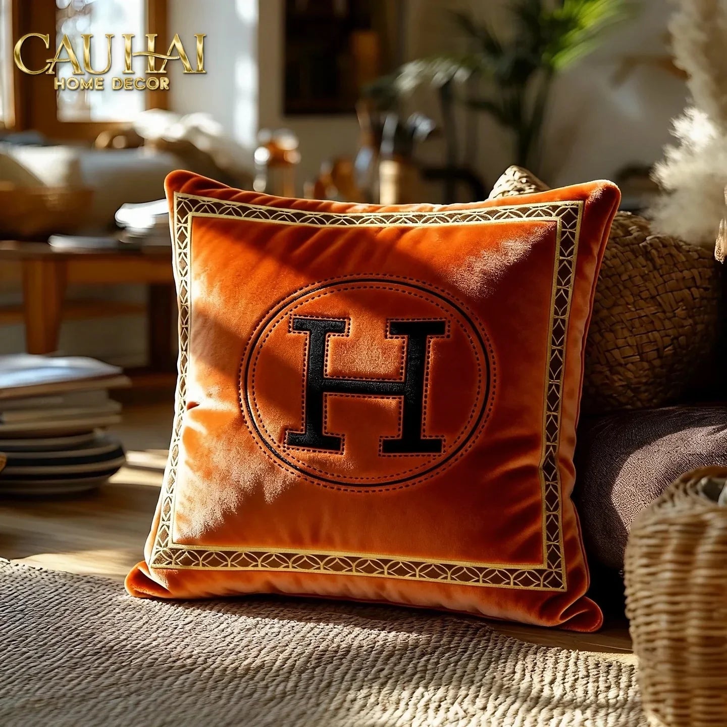 Vỏ Gối Nhung Cheval de Fetes Voyages Signature H 45-VỎ GỐI-CẬU HAI HOME DECOR
