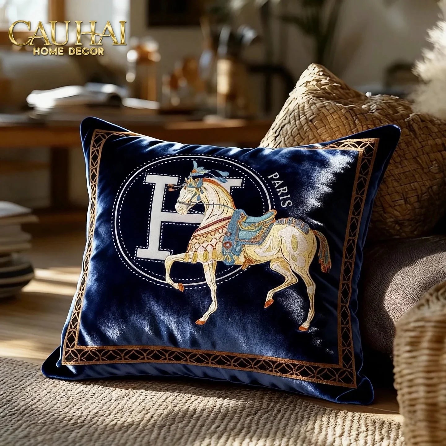 Vỏ Gối Nhung Cheval de Fetes Voyages Signature H 45-VỎ GỐI-CẬU HAI HOME DECOR