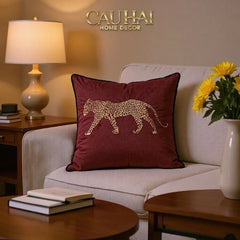 Vỏ Gối Nhung Đỏ Báo Đốm Burgundy Panther Écartier 45-VỎ GỐI-CẬU HAI HOME DECOR