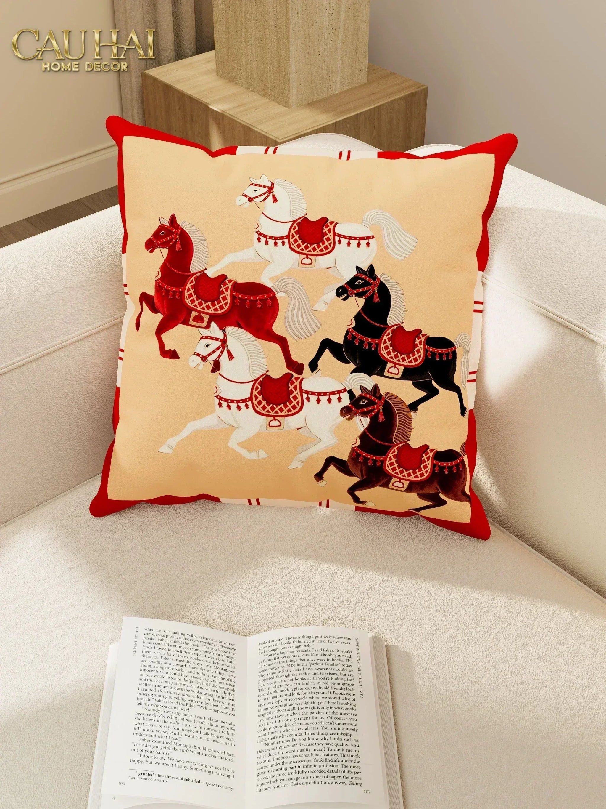 Vỏ Gối Nhung Équestre Cheval Bleu Royal Divin 45-CẬU HAI HOME DECOR