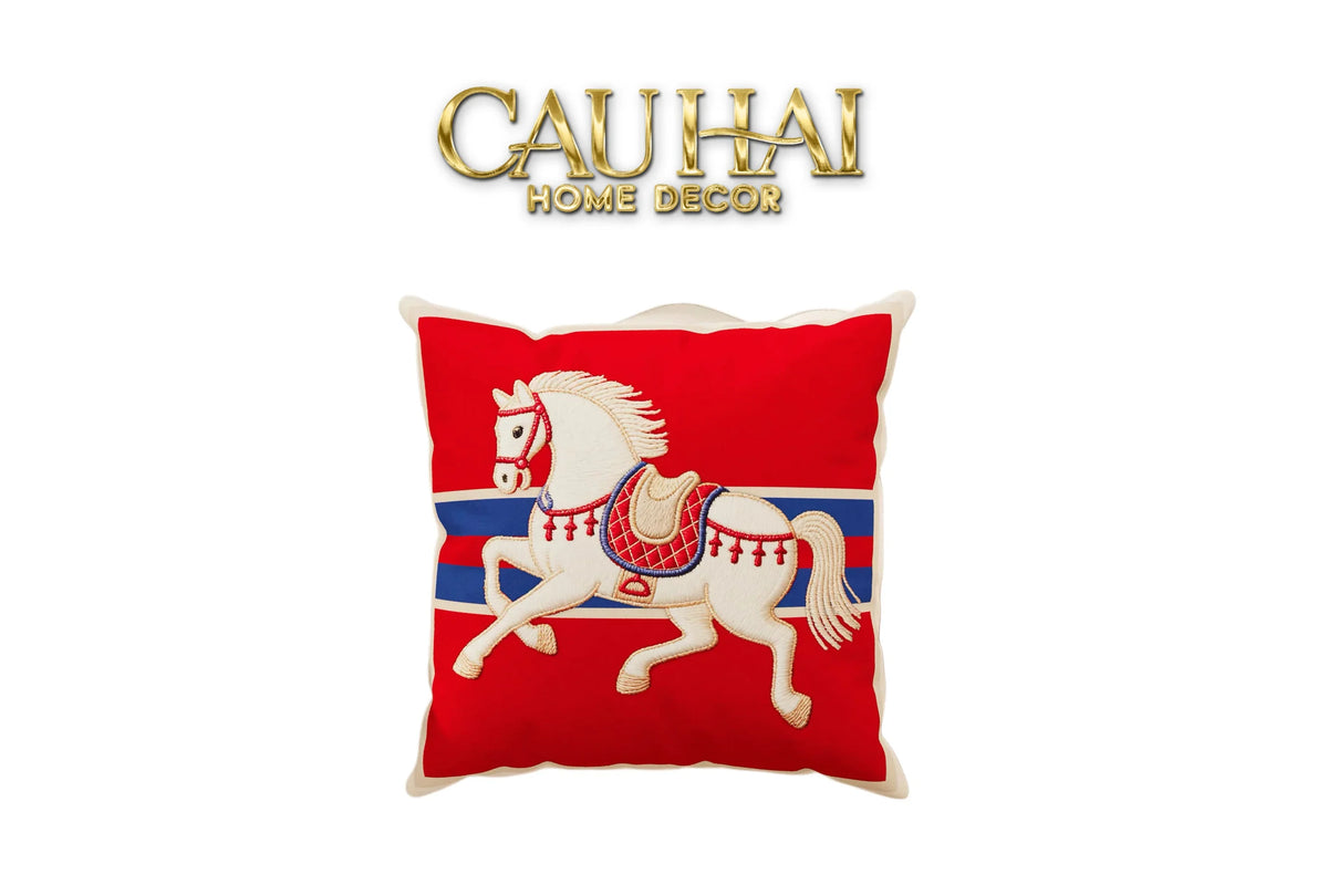 Vỏ Gối Nhung Équestre Crimson Rouge Cheval de Bataille 45-VỎ GỐI-CẬU HAI HOME DECOR-CẬU HAI HOME DECOR