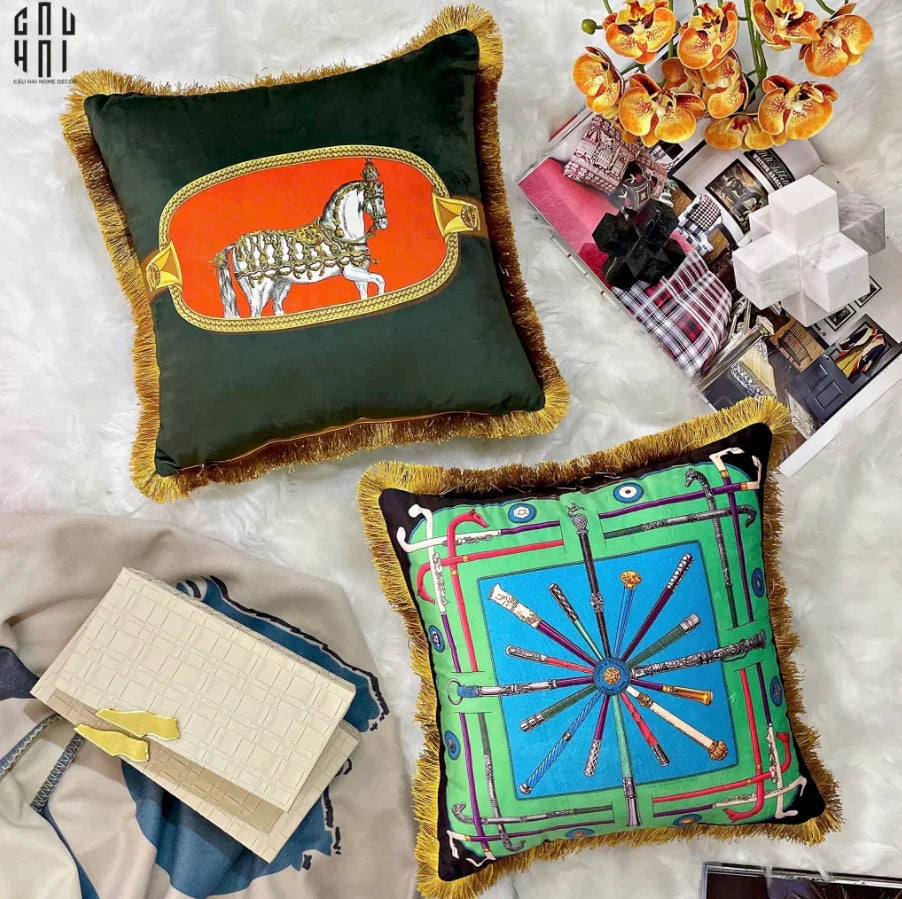 Vỏ Gối Nhung Équestre Émeraude Cheval 45.-VỎ GỐI-CẬU HAI HOME DECOR