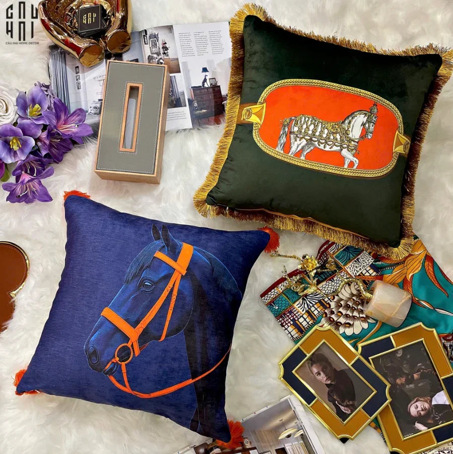 Vỏ Gối Nhung Équestre Émeraude Cheval 45.-VỎ GỐI-CẬU HAI HOME DECOR