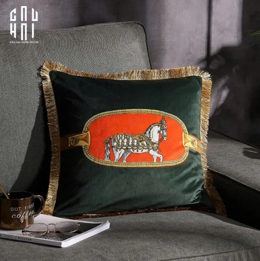 Vỏ Gối Nhung Équestre Émeraude Cheval 45.-VỎ GỐI-CẬU HAI HOME DECOR
