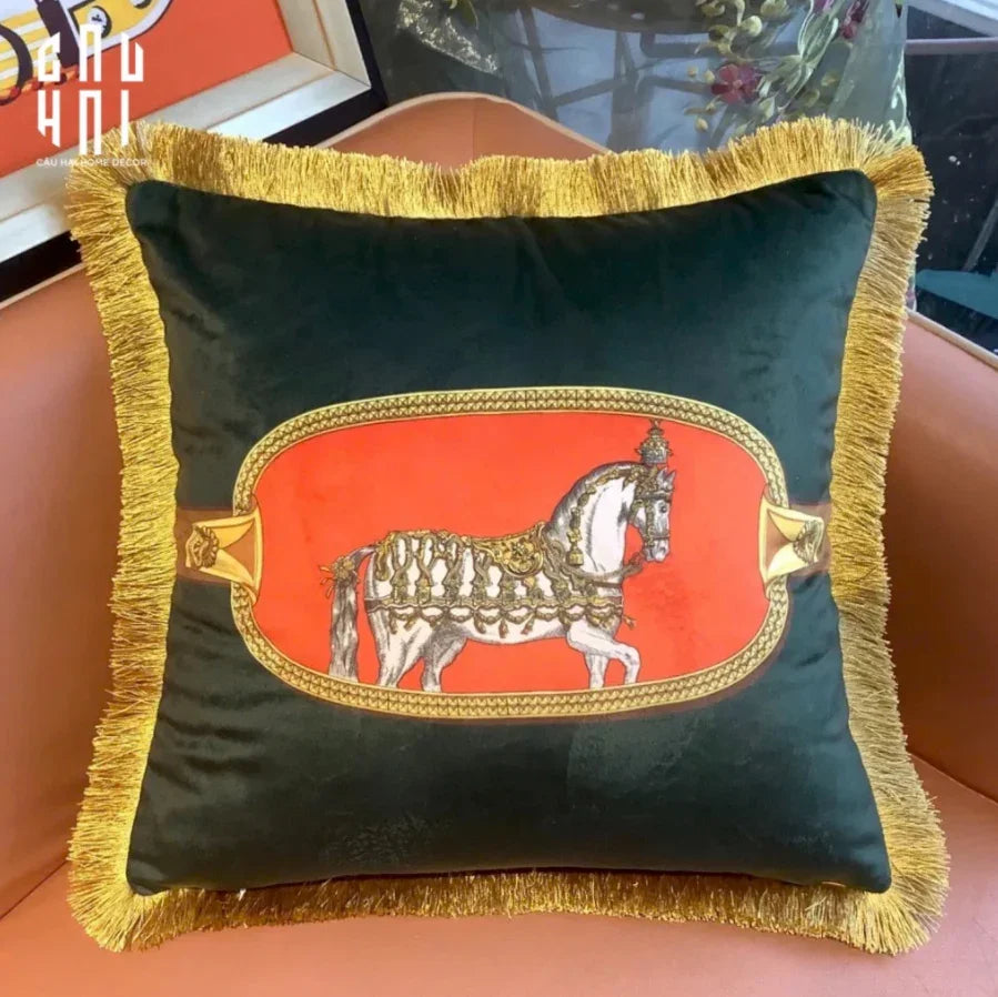 Vỏ Gối Nhung Équestre Émeraude Cheval 45.-VỎ GỐI-CẬU HAI HOME DECOR