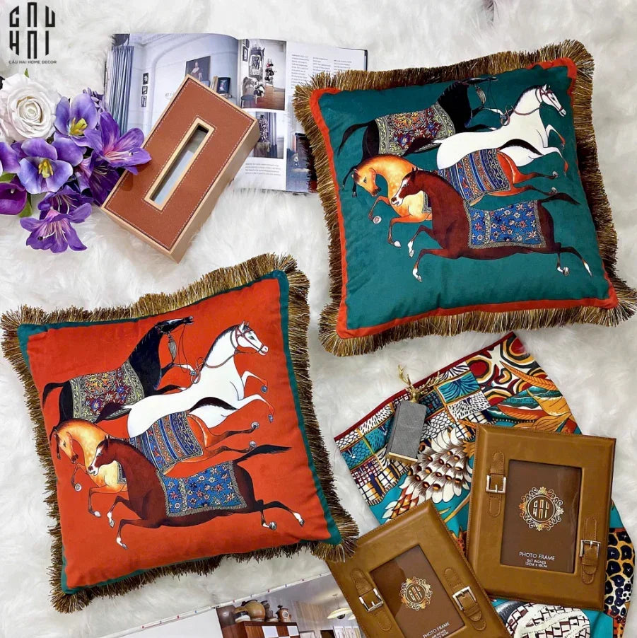 Vỏ Gối Nhung Équestre Running Stallion 45. - Jade-VỎ GỐI-CẬU HAI HOME DECOR