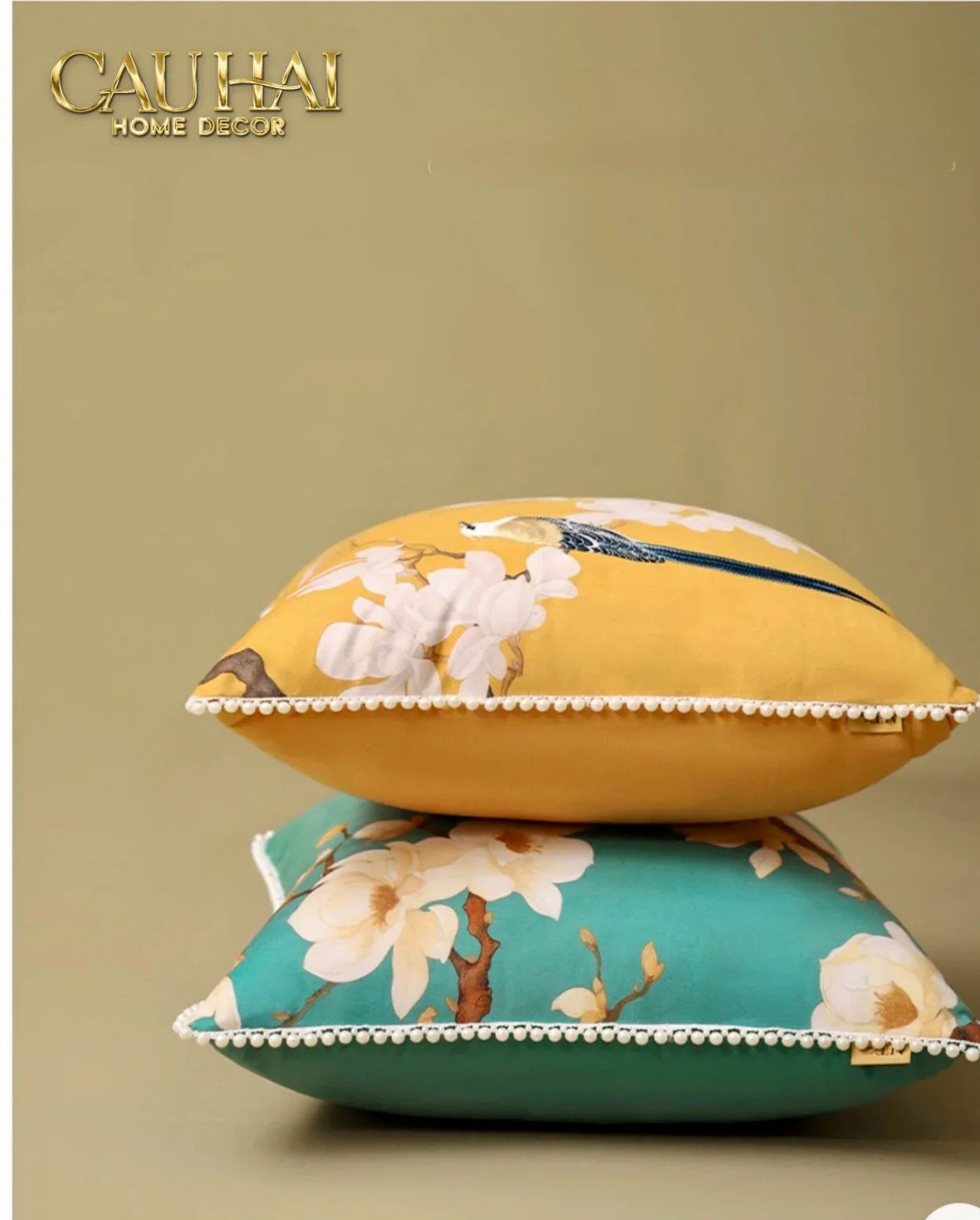 Vỏ Gối Nhung Hoa Thêu Viền Ngọc Trai - Dynasty Peony White Pearl 50-VỎ GỐI-CẬU HAI HOME DECOR