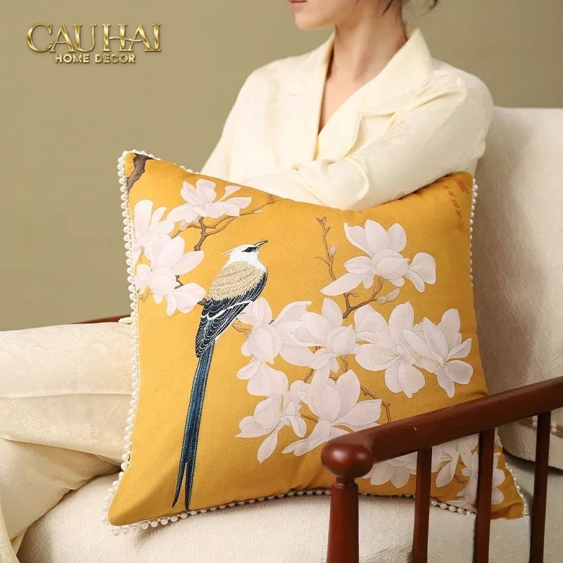 Vỏ Gối Nhung Hoa Thêu Viền Ngọc Trai - Dynasty Peony White Pearl 50-VỎ GỐI-CẬU HAI HOME DECOR