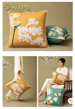 Vỏ Gối Nhung Hoa Thêu Viền Ngọc Trai - Dynasty Peony White Pearl 50-VỎ GỐI-CẬU HAI HOME DECOR