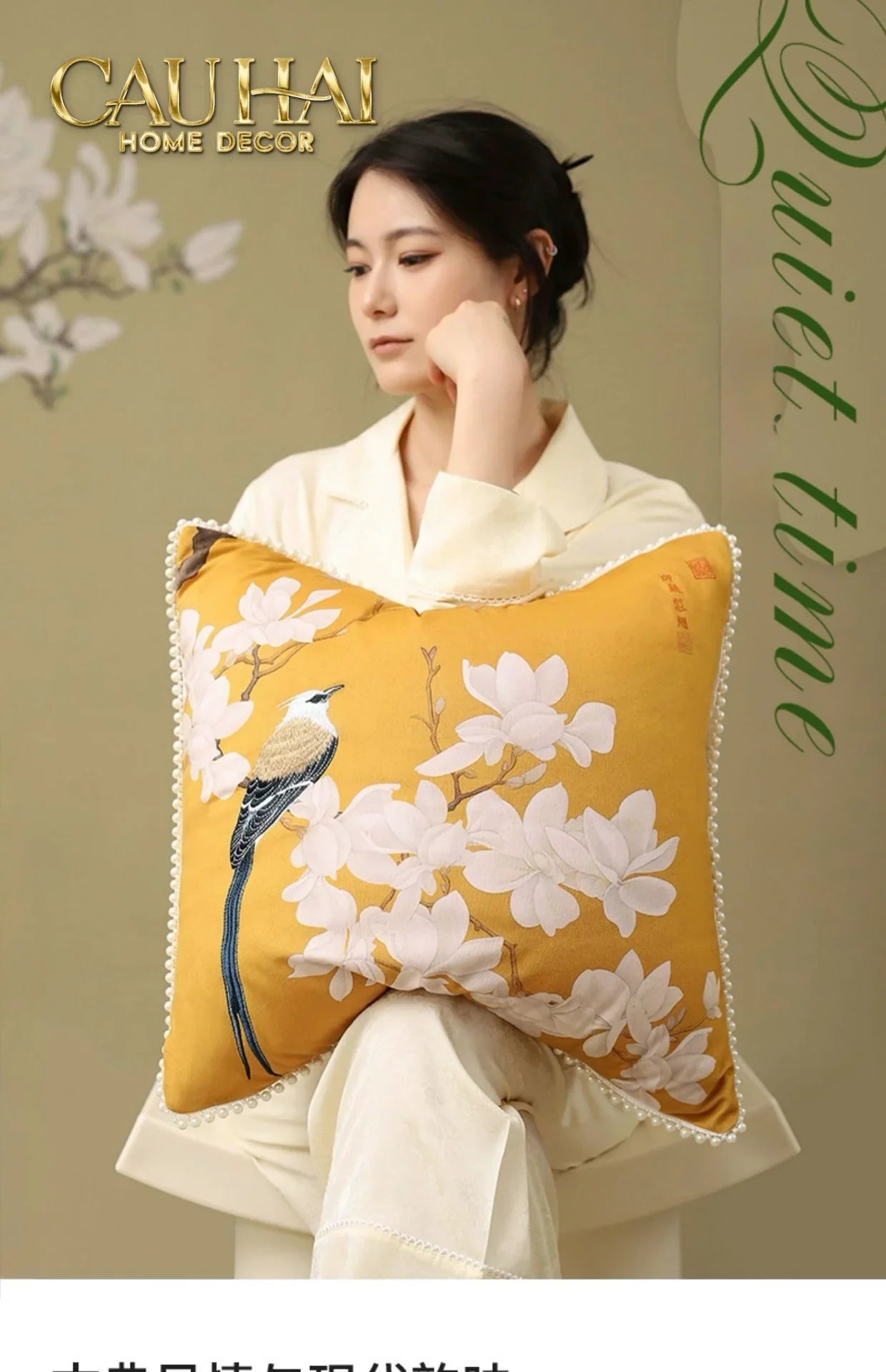 Vỏ Gối Nhung Hoa Thêu Viền Ngọc Trai - Dynasty Peony White Pearl 50-VỎ GỐI-CẬU HAI HOME DECOR
