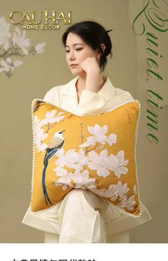 Vỏ Gối Nhung Hoa Thêu Viền Ngọc Trai - Dynasty Peony White Pearl 50-VỎ GỐI-CẬU HAI HOME DECOR