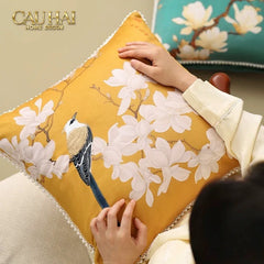 Vỏ Gối Nhung Hoa Thêu Viền Ngọc Trai - Dynasty Peony White Pearl 50-VỎ GỐI-CẬU HAI HOME DECOR