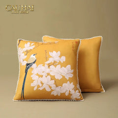 Vỏ Gối Nhung Hoa Thêu Viền Ngọc Trai - Dynasty Peony White Pearl 50-VỎ GỐI-CẬU HAI HOME DECOR