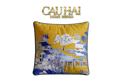 Vỏ Gối Nhung Indochine Oriental indigo Bloom Art 45-VỎ GỐI-CẬU HAI HOME DECOR