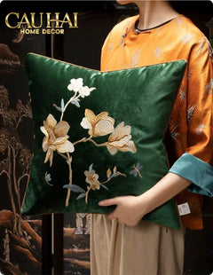 Vỏ Gối Nhung Thêu Mộc Lan Hoa 45x45-VỎ GỐI-CẬU HAI HOME DECOR