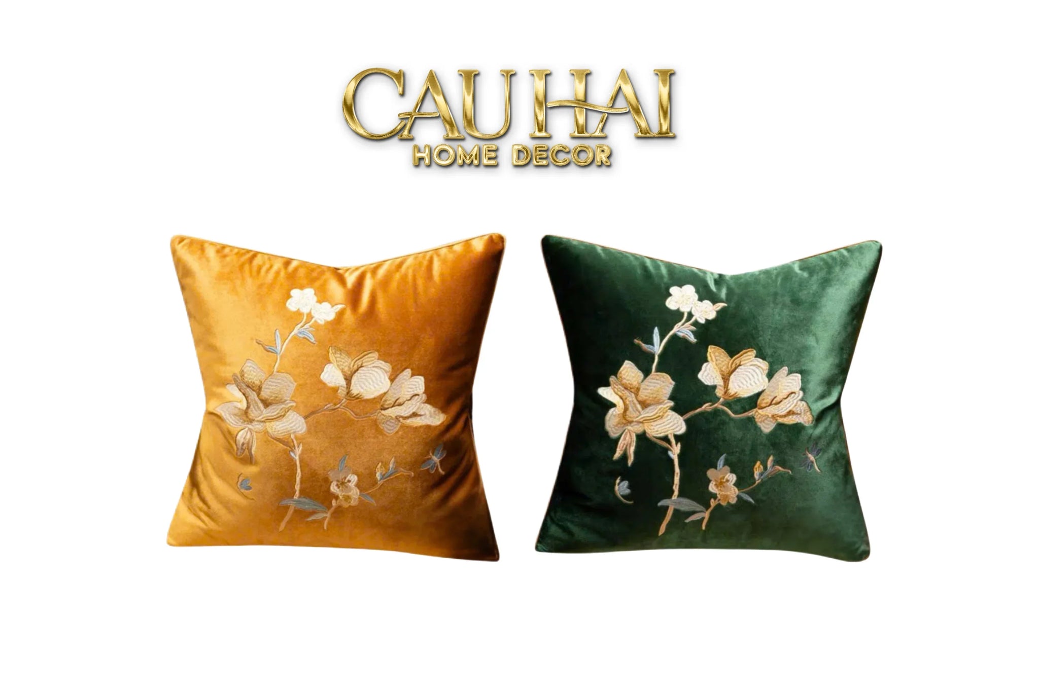 Vỏ Gối Nhung Thêu Mộc Lan Hoa 45x45-VỎ GỐI-CẬU HAI HOME DECOR