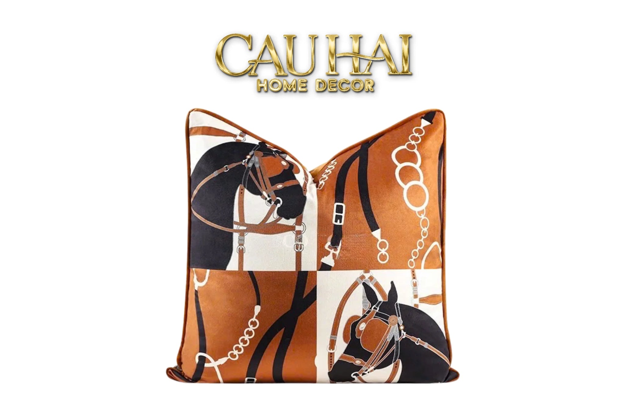 Vỏ Gối Nhung Triptyque Équestre Moderne - Cognac Brun 45-VỎ GỐI-CẬU HAI HOME DECOR