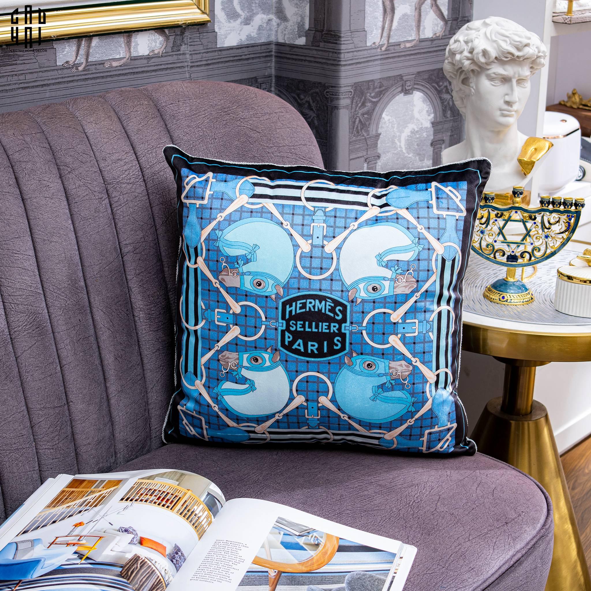 Vỏ Gối Sofa Nhung Tatersale Blue 45X45Cm-VỎ GỐI-CẬU HAI HOME DECOR